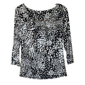 Women's Max Mara 3/4 Sleeve Animal Print Jewel Neck Blouse Black White Tan, LG
